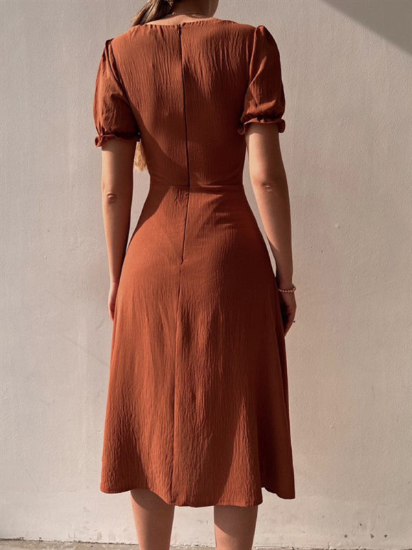 Sweetheart Neck Puff Sleeve Midi Dress - Cotton Blend, Elegant H-line Fit
