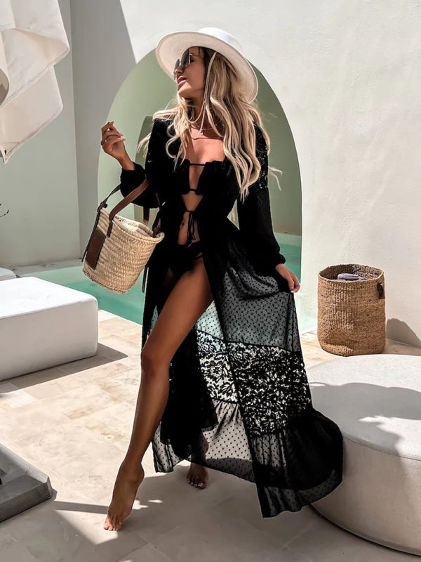 Chiffon Lace Long Sun Protection Cover-Up – Sheer V-Neck Beach Blouse