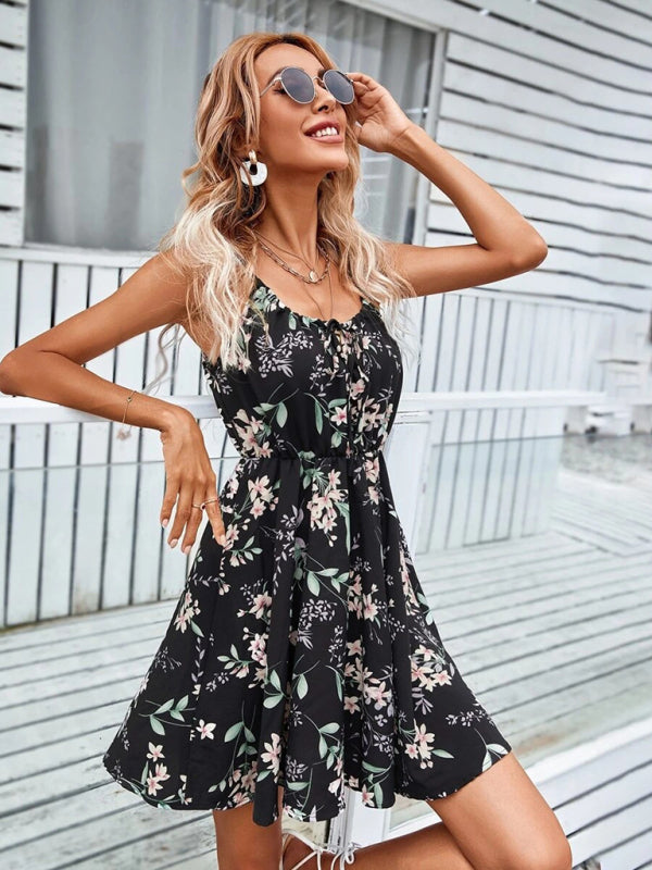 Elegant Sleeveless Summer Dress – Printed Pullover with Elastic Waist