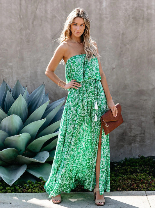 Leaf Print Off-Shoulder Ruffle Maxi Dress – Slit Detail, Boho Style
