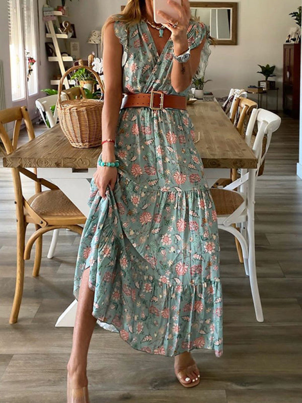 Printed Sleeveless V-Neck Maxi Dress – Lightweight Casual Fit for Summer