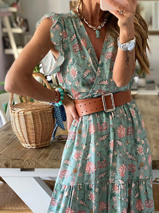 Printed Sleeveless V-Neck Maxi Dress – Lightweight Casual Fit for Summer