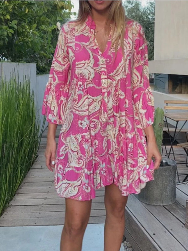 Bohemian Printed Layered Mini Dress – Sleeveless Woven Skirt with Panel Design