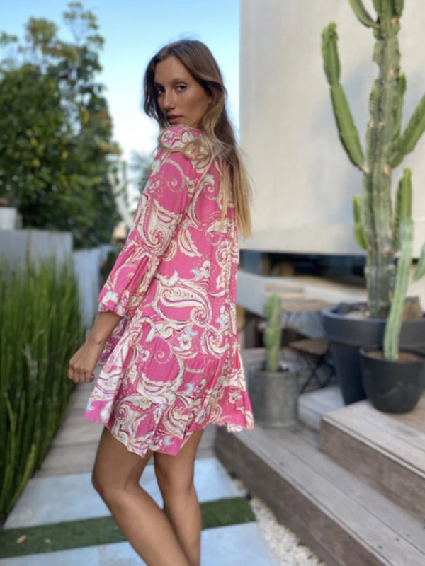 Bohemian Printed Layered Mini Dress – Sleeveless Woven Skirt with Panel Design