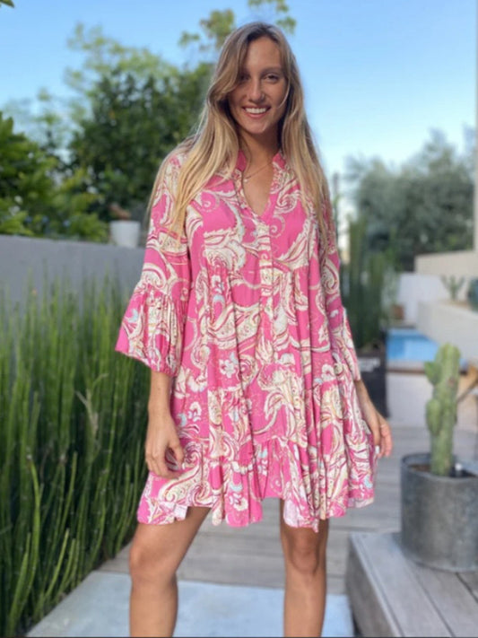Bohemian Printed Layered Mini Dress – Sleeveless Woven Skirt with Panel Design