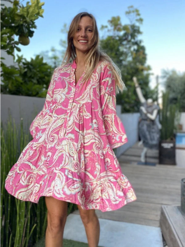 Bohemian Printed Layered Mini Dress – Sleeveless Woven Skirt with Panel Design