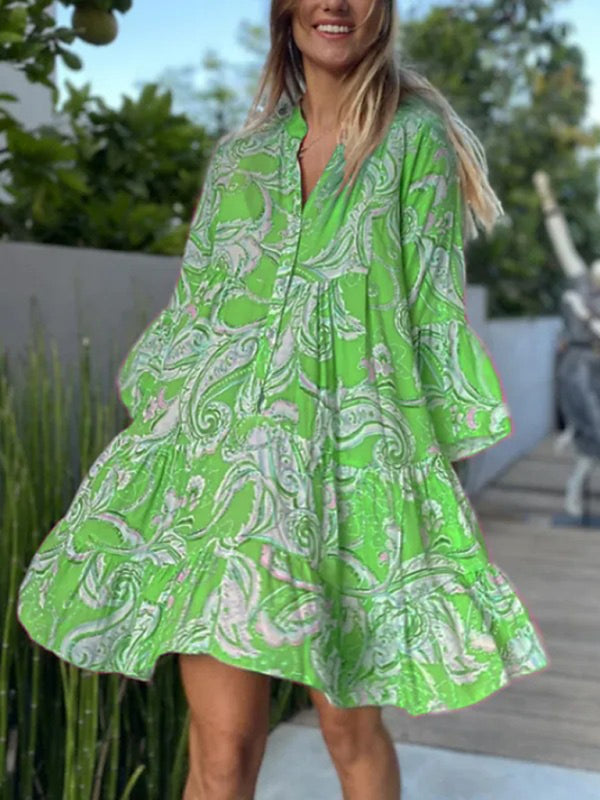 Bohemian Printed Layered Mini Dress – Sleeveless Woven Skirt with Panel Design
