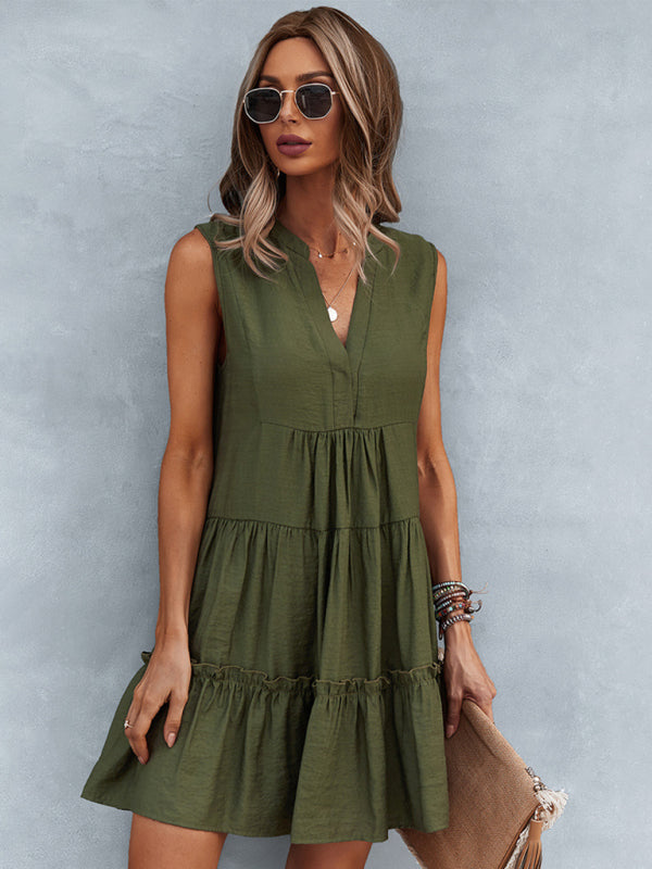 Solid V-Neck Sleeveless A-Line Dress – Lightweight & Effortlessly Chic
