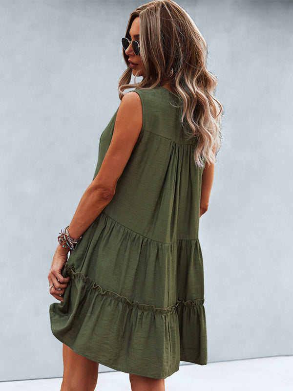 Solid V-Neck Sleeveless A-Line Dress – Lightweight & Effortlessly Chic