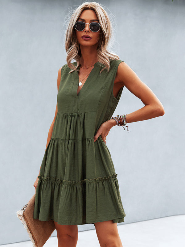 Solid V-Neck Sleeveless A-Line Dress – Lightweight & Effortlessly Chic