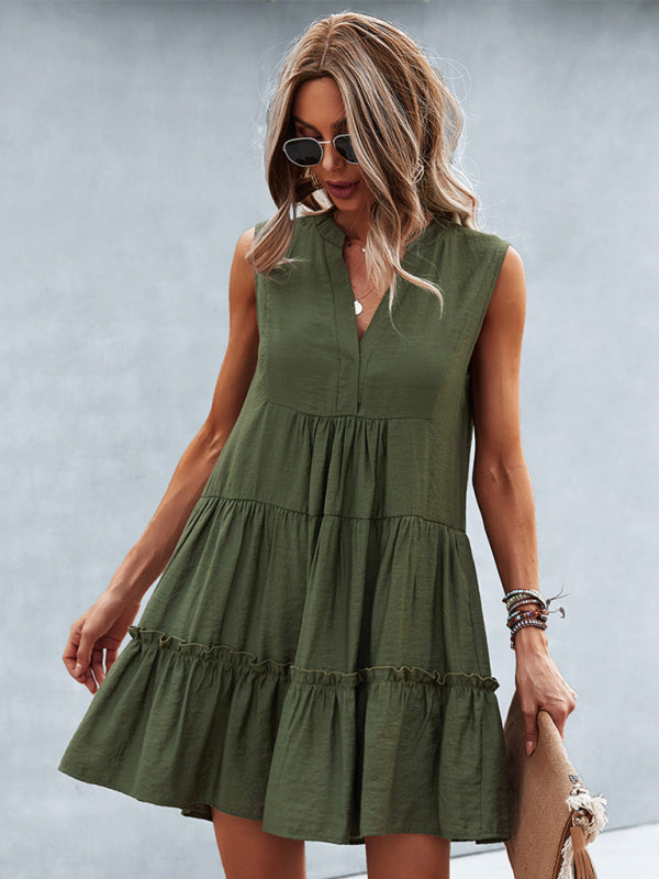 Solid V-Neck Sleeveless A-Line Dress – Lightweight & Effortlessly Chic