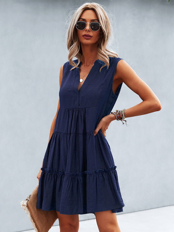 Solid V-Neck Sleeveless A-Line Dress – Lightweight & Effortlessly Chic