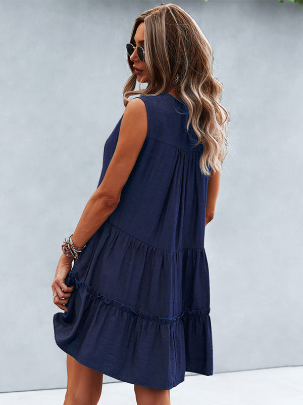 Solid V-Neck Sleeveless A-Line Dress – Lightweight & Effortlessly Chic