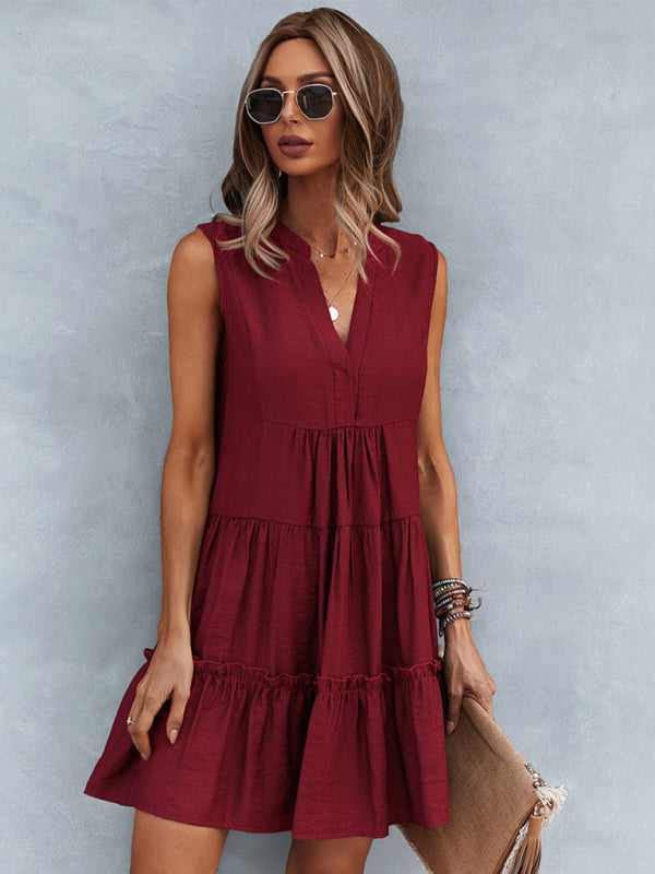 Solid V-Neck Sleeveless A-Line Dress – Lightweight & Effortlessly Chic