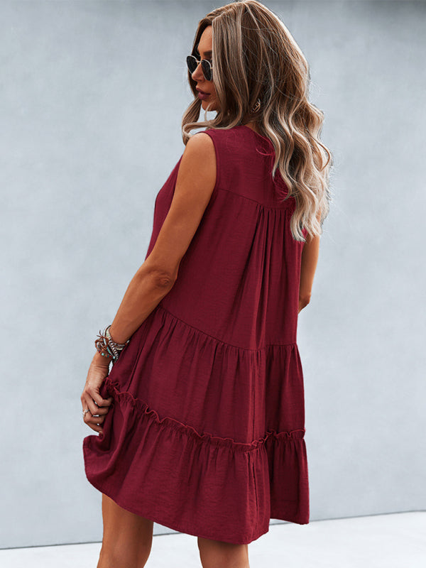 Solid V-Neck Sleeveless A-Line Dress – Lightweight & Effortlessly Chic