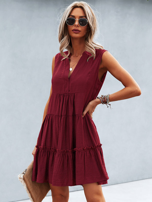 Solid V-Neck Sleeveless A-Line Dress – Lightweight & Effortlessly Chic