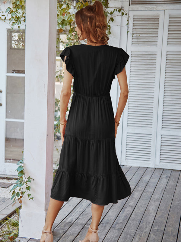 Romantic V-Neck Sleeveless Dress – Lightweight Viscose, Flying Sleeves