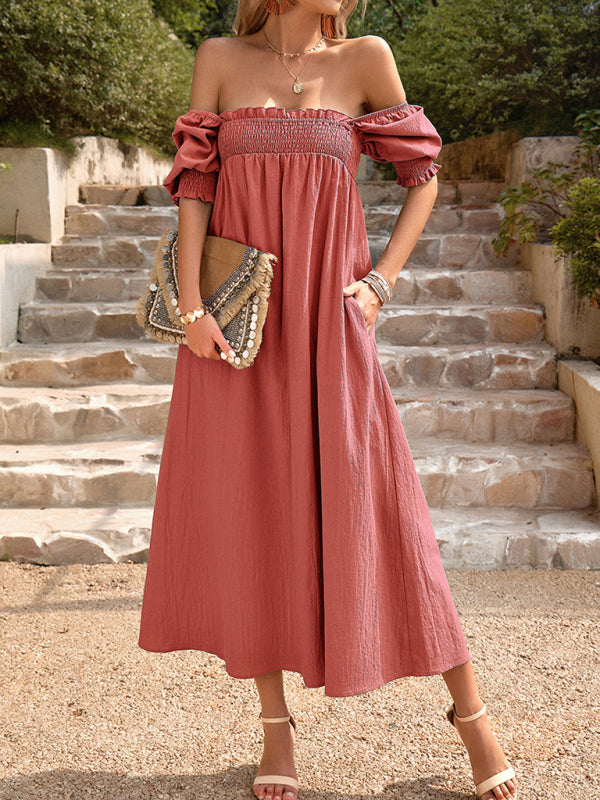 Elegant Cotton Square Neck Long Dress – Two-Way Off-Shoulder Style