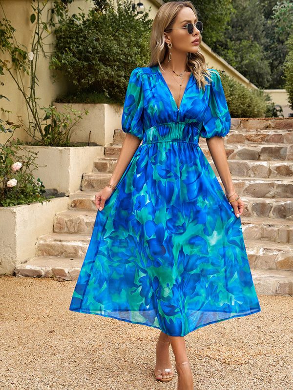 Bohemian V-Neck Holiday Dress – Sleeveless, Printed Waist Detail