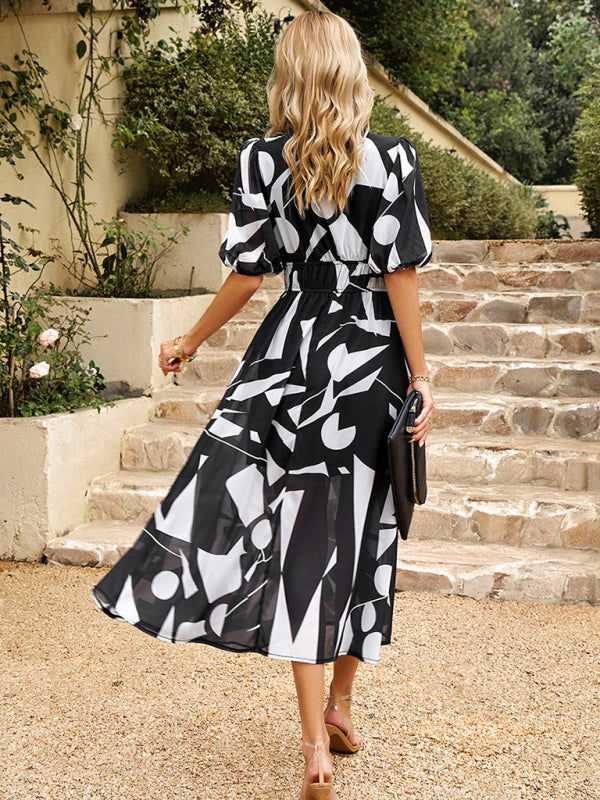Bohemian V-Neck Holiday Dress – Sleeveless, Printed Waist Detail