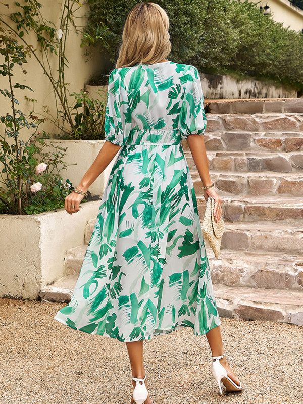 Bohemian V-Neck Holiday Dress – Sleeveless, Printed Waist Detail