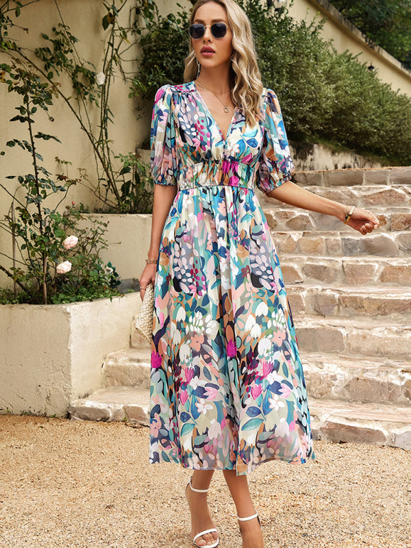 Bohemian V-Neck Holiday Dress – Sleeveless, Printed Waist Detail