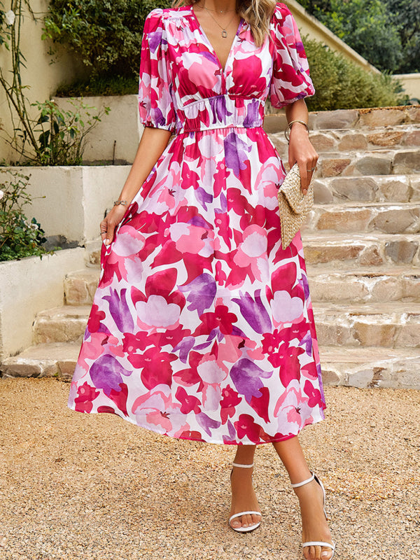 Bohemian V-Neck Holiday Dress – Sleeveless, Printed Waist Detail