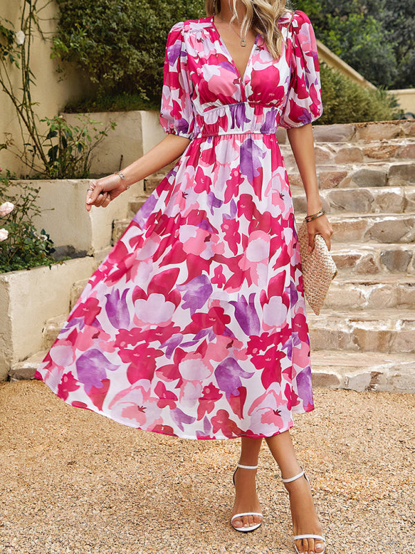 Bohemian V-Neck Holiday Dress – Sleeveless, Printed Waist Detail