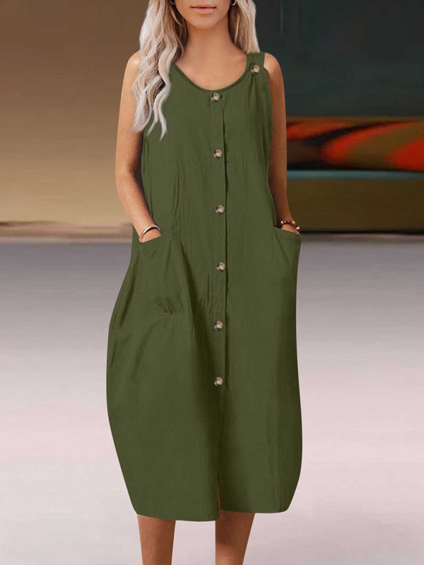 Solid Cotton Sleeveless Strap Dress – Relaxed Fit, Pockets, Summer Casual Style