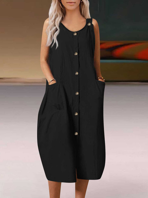 Solid Cotton Sleeveless Strap Dress – Relaxed Fit, Pockets, Summer Casual Style