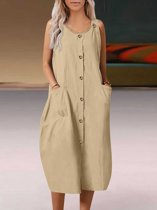 Solid Cotton Sleeveless Strap Dress – Relaxed Fit, Pockets, Summer Casual Style
