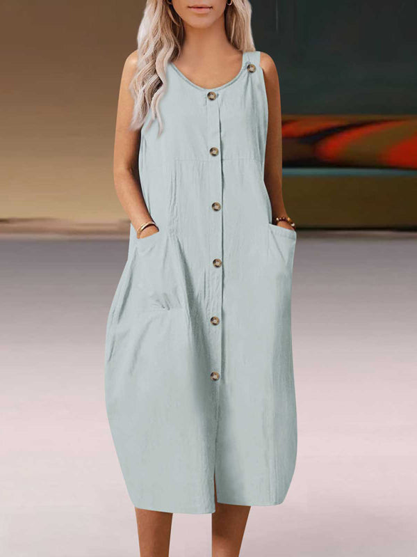 Solid Cotton Sleeveless Strap Dress – Relaxed Fit, Pockets, Summer Casual Style