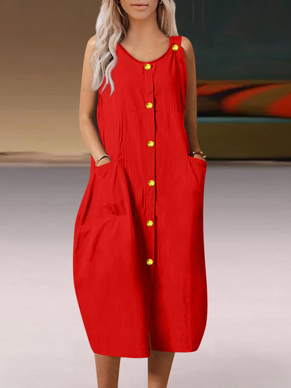 Solid Cotton Sleeveless Strap Dress – Relaxed Fit, Pockets, Summer Casual Style