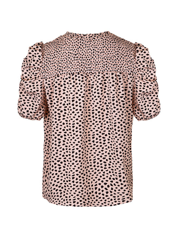 Women's Woven Casual Fashion Leopard Print Round Neck Short Sleeve Shirt