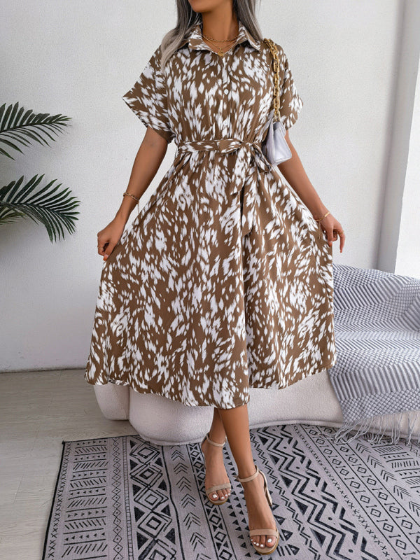 Leopard Print Woven Shirt Dress – Tie Waist, Short Sleeves, Retro Summer Style