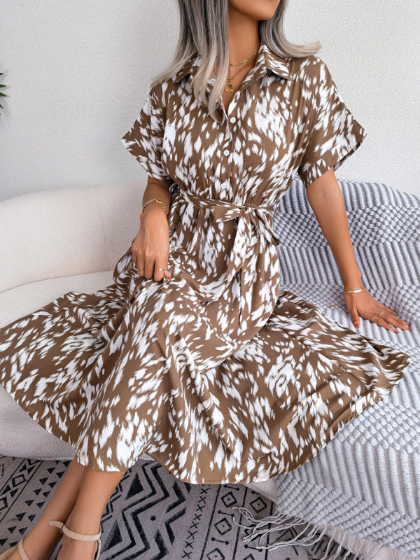 Leopard Print Woven Shirt Dress – Tie Waist, Short Sleeves, Retro Summer Style