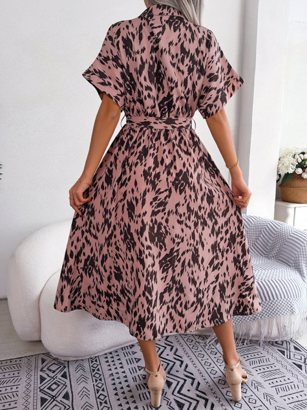 Leopard Print Woven Shirt Dress – Tie Waist, Short Sleeves, Retro Summer Style