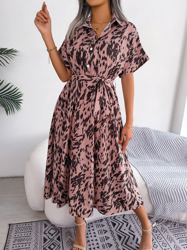 Leopard Print Woven Shirt Dress – Tie Waist, Short Sleeves, Retro Summer Style