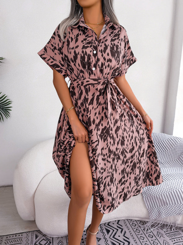 Leopard Print Woven Shirt Dress – Tie Waist, Short Sleeves, Retro Summer Style