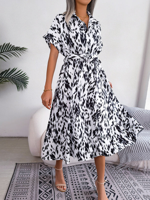 Leopard Print Woven Shirt Dress – Tie Waist, Short Sleeves, Retro Summer Style