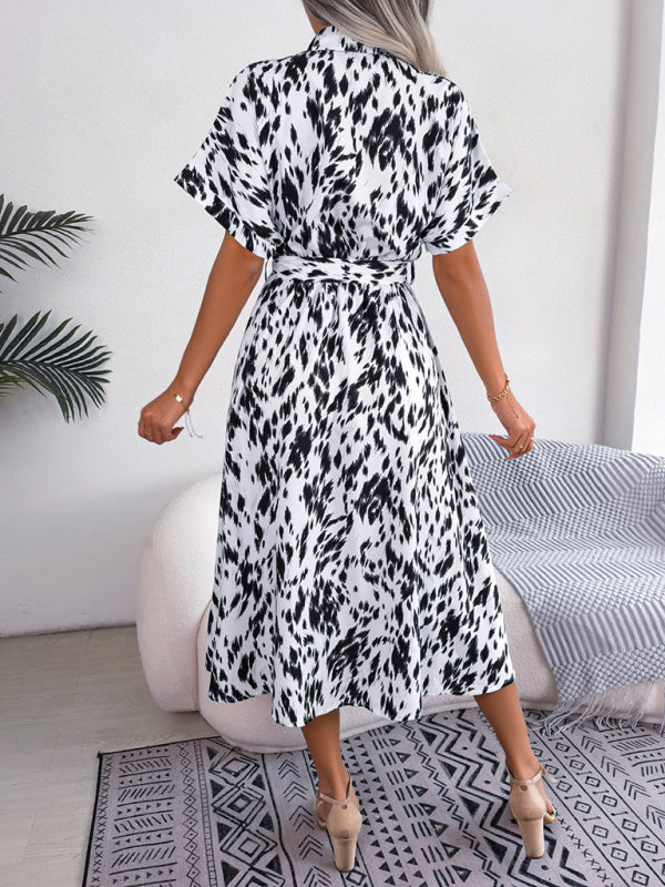 Leopard Print Woven Shirt Dress – Tie Waist, Short Sleeves, Retro Summer Style