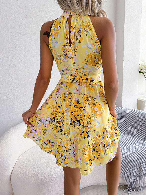 Elegant Lace-Up Ruffled Floral Dress – Romantic Woven Sleeveless Midi