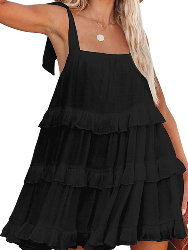 Solid Color Ruffled Spaghetti Strap Dress – Sleeveless Summer Style