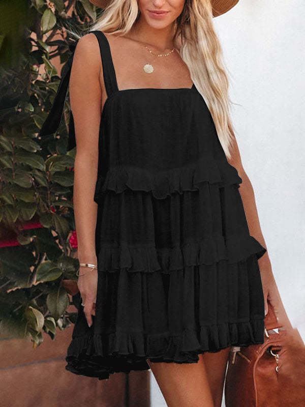 Solid Color Ruffled Spaghetti Strap Dress – Sleeveless Summer Style