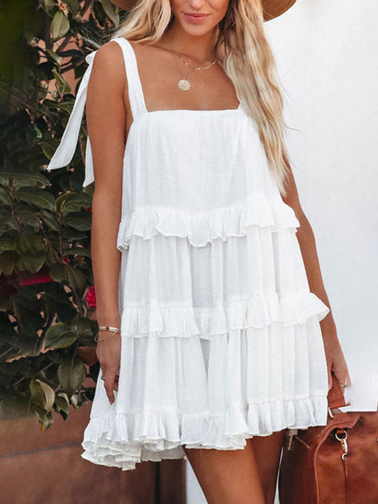 Solid Color Ruffled Spaghetti Strap Dress – Sleeveless Summer Style