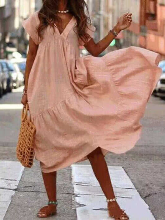 V-Neck Irregular Long Swing Dress – Breezy Sleeveless Fit for Casual Days