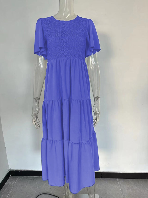 Women's Pleated Solid Color Sleeveless Resort Dress – Round Neck, Flowy Fit