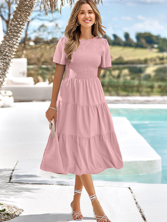 Women's Pleated Solid Color Sleeveless Resort Dress – Round Neck, Flowy Fit
