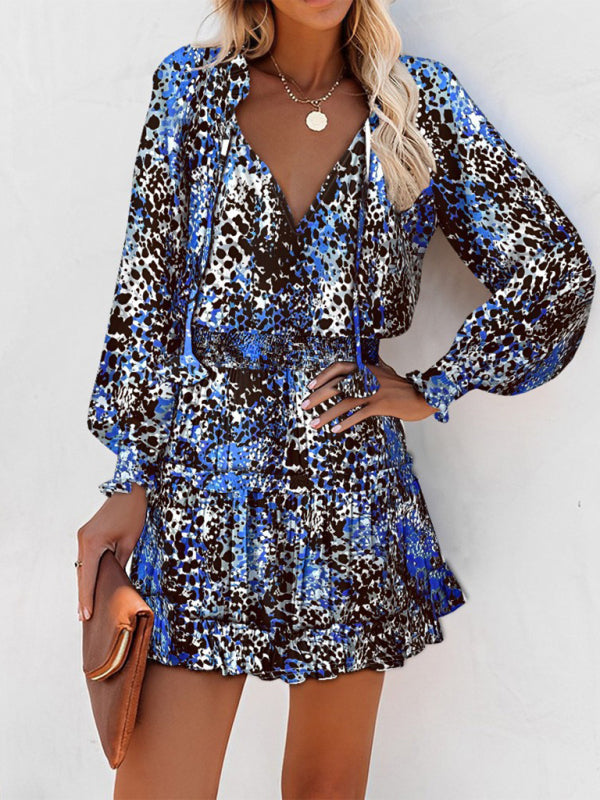 Leopard Print V-Neck Long Sleeve Waist Dress