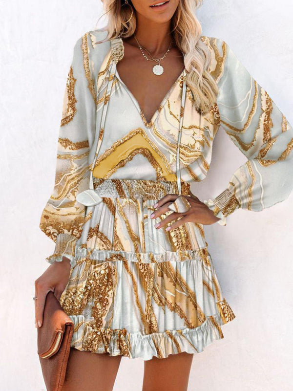 Leopard Print V-Neck Long Sleeve Waist Dress